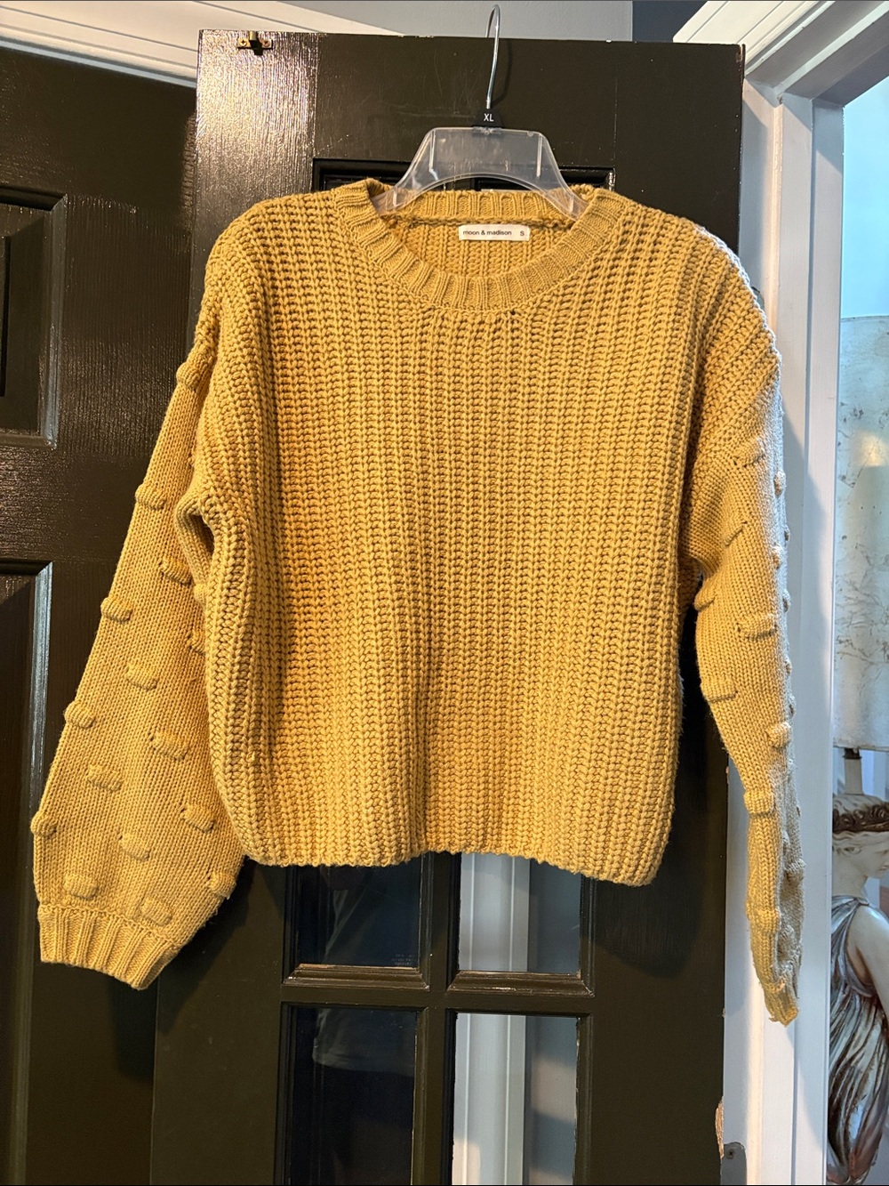 moon & madison Mustard Knit Pom-Pom Crew Sweater